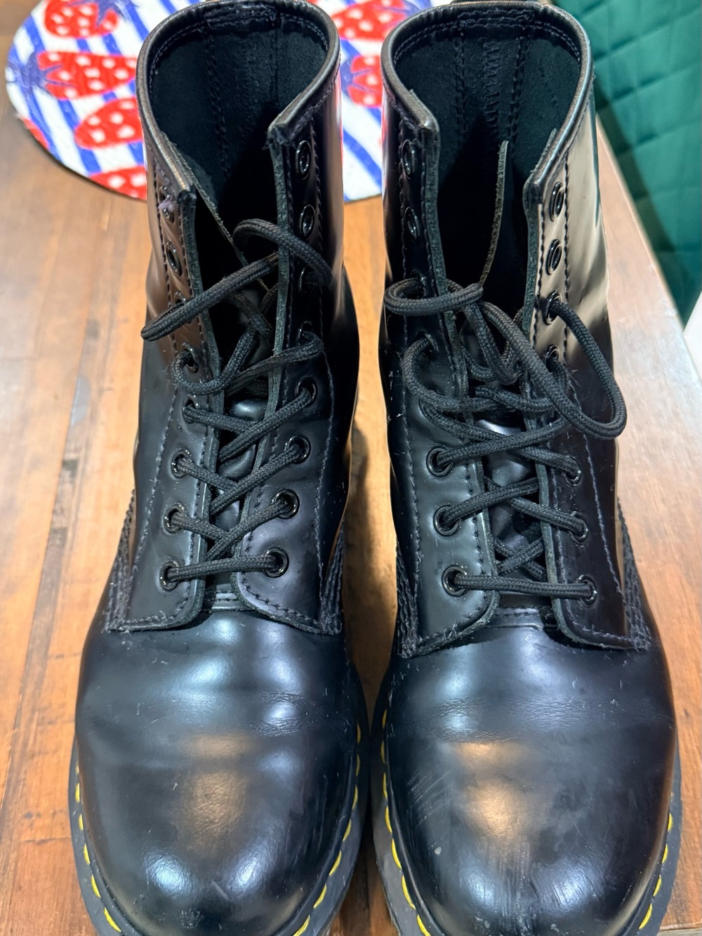 Dr. Martens Black Leather Lace-Up Boots with Yellow Stitching Accent